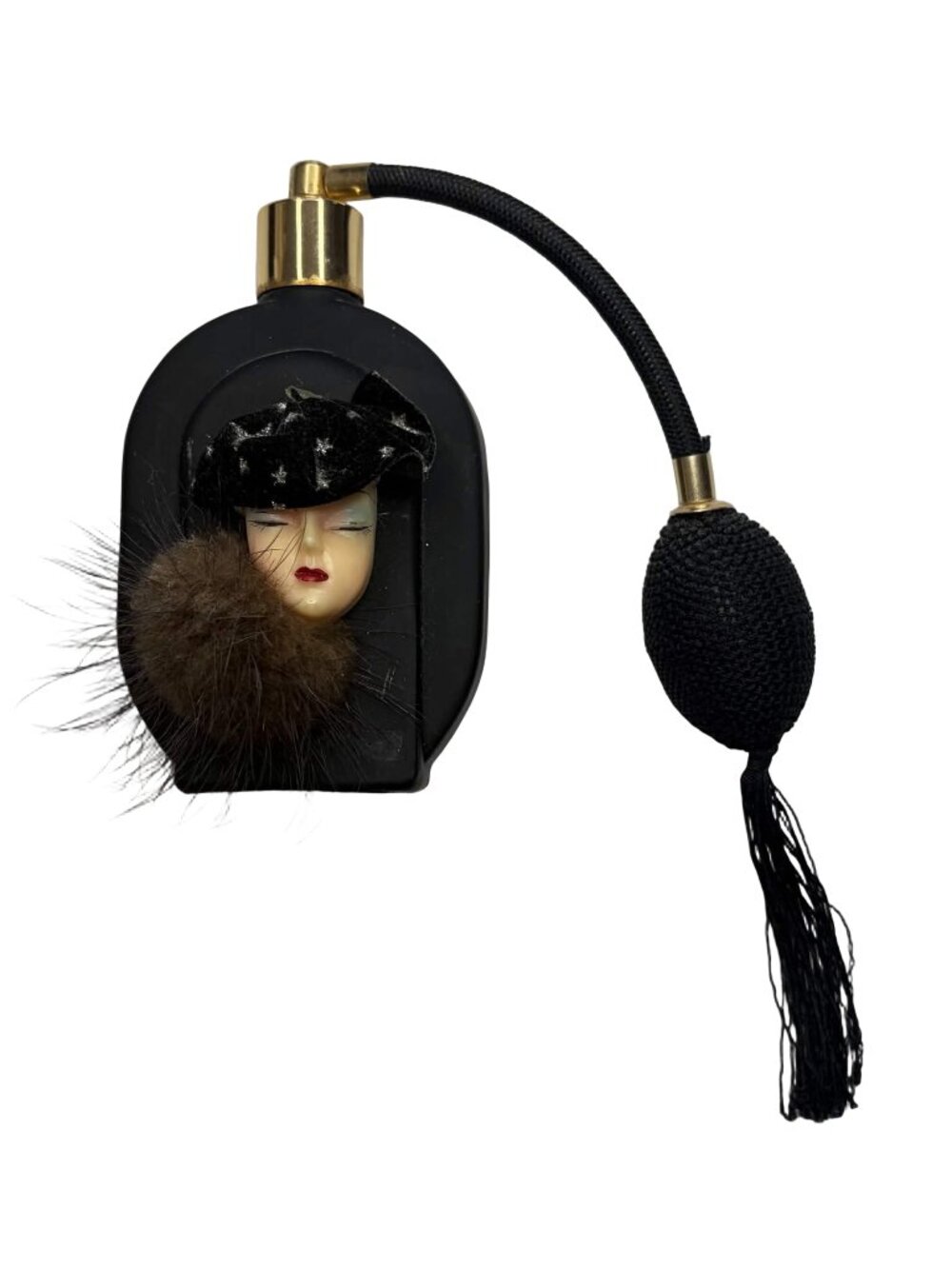 Vintage Black Glass Perfume Bottle Atomizer Lady Face Fur Collar Velvet Hat